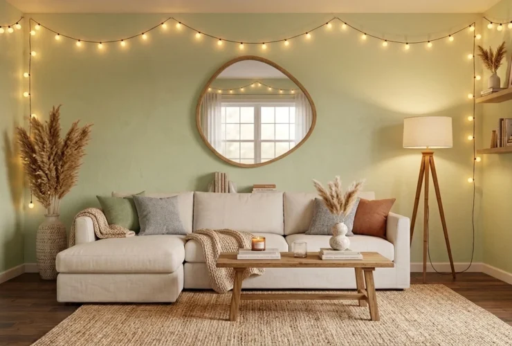 Cozy living room with light green walls, warm string lights, a beige sectional sofa, asymmetrical wooden mirror, tripod floor lamp, and natural pampas grass decor.