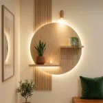 Backlit circular wooden wall shelf with potted plants and text overlay reading Living Room Wall Decor.