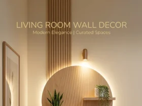 Backlit circular wooden wall shelf with potted plants and text overlay reading Living Room Wall Decor.