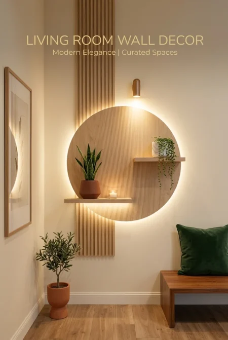 Backlit circular wooden wall shelf with potted plants and text overlay reading Living Room Wall Decor.
