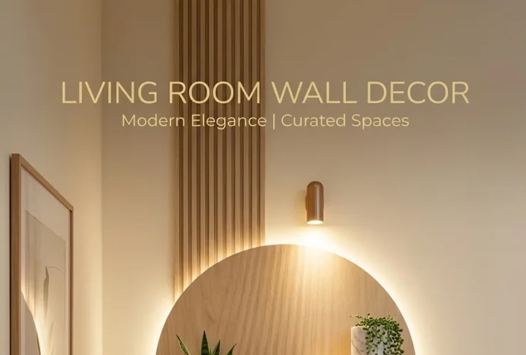 Backlit circular wooden wall shelf with potted plants and text overlay reading Living Room Wall Decor.