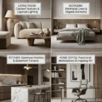 A graphic guide titled A Complete Guide to Modern Decorating" featuring a 4-grid layout of minimalist interior designs for a living room, bedroom, kitchen, and home office with neutral tones and elegant finishes. Each section highlights key decor elements alongside a call to action at the bottom to "Explore All Rooms.