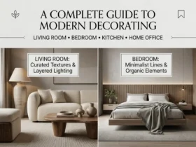 A graphic guide titled A Complete Guide to Modern Decorating" featuring a 4-grid layout of minimalist interior designs for a living room, bedroom, kitchen, and home office with neutral tones and elegant finishes. Each section highlights key decor elements alongside a call to action at the bottom to "Explore All Rooms.