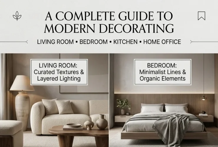 A graphic guide titled A Complete Guide to Modern Decorating" featuring a 4-grid layout of minimalist interior designs for a living room, bedroom, kitchen, and home office with neutral tones and elegant finishes. Each section highlights key decor elements alongside a call to action at the bottom to "Explore All Rooms.