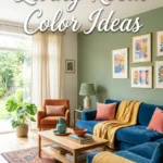 Bright, airy living room featuring a sage green accent wall with framed abstract art, a plush royal blue sofa with mustard yellow throw blankets, an orange armchair, natural sunlight, and prominent white cursive text overlay reading 'Living Room Color Ideas