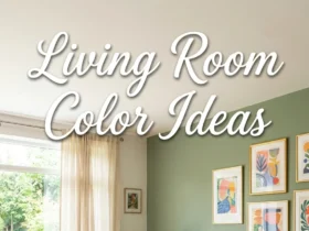Bright, airy living room featuring a sage green accent wall with framed abstract art, a plush royal blue sofa with mustard yellow throw blankets, an orange armchair, natural sunlight, and prominent white cursive text overlay reading 'Living Room Color Ideas