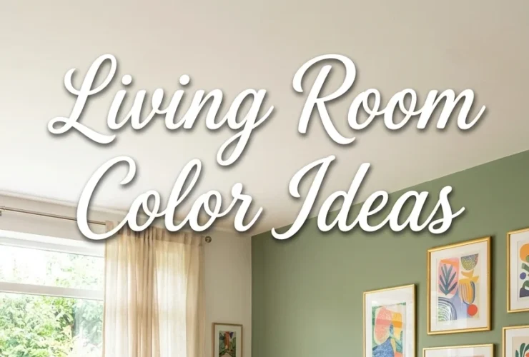 Bright, airy living room featuring a sage green accent wall with framed abstract art, a plush royal blue sofa with mustard yellow throw blankets, an orange armchair, natural sunlight, and prominent white cursive text overlay reading 'Living Room Color Ideas