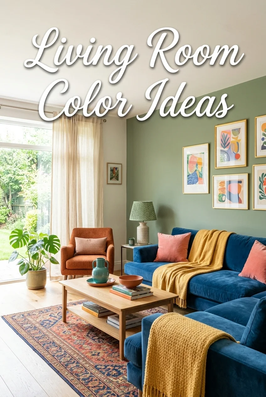 Bright, airy living room featuring a sage green accent wall with framed abstract art, a plush royal blue sofa with mustard yellow throw blankets, an orange armchair, natural sunlight, and prominent white cursive text overlay reading 'Living Room Color Ideas
