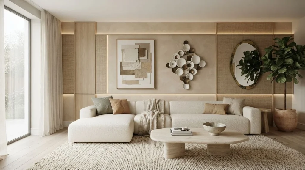 2026 living room featuring sculptural wall art, organic textures, natural materials, and warm neutral decor