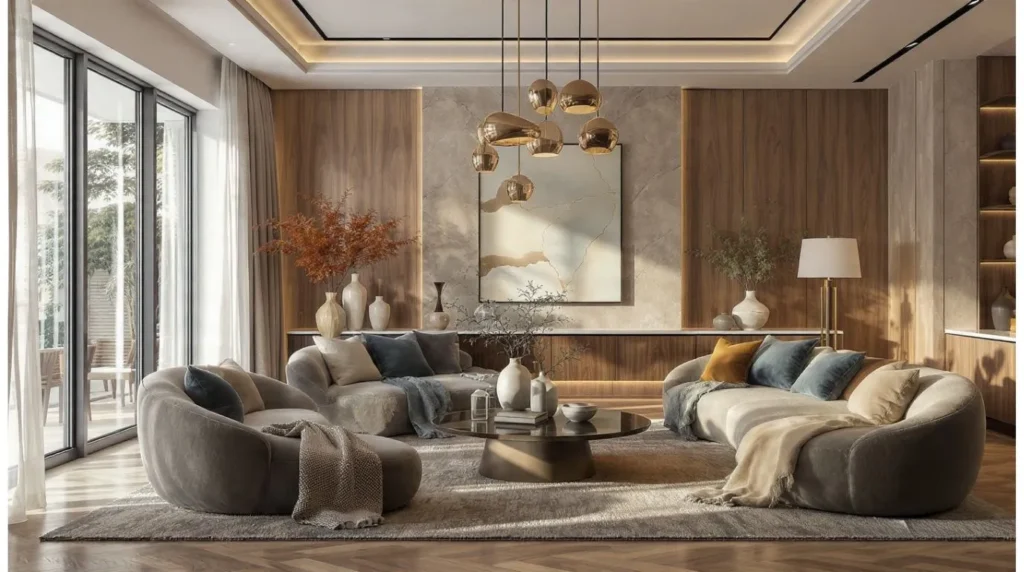 2026 luxury living room trends featuring curved furniture, sculptural lighting, sustainable materials, and quiet luxury decor.