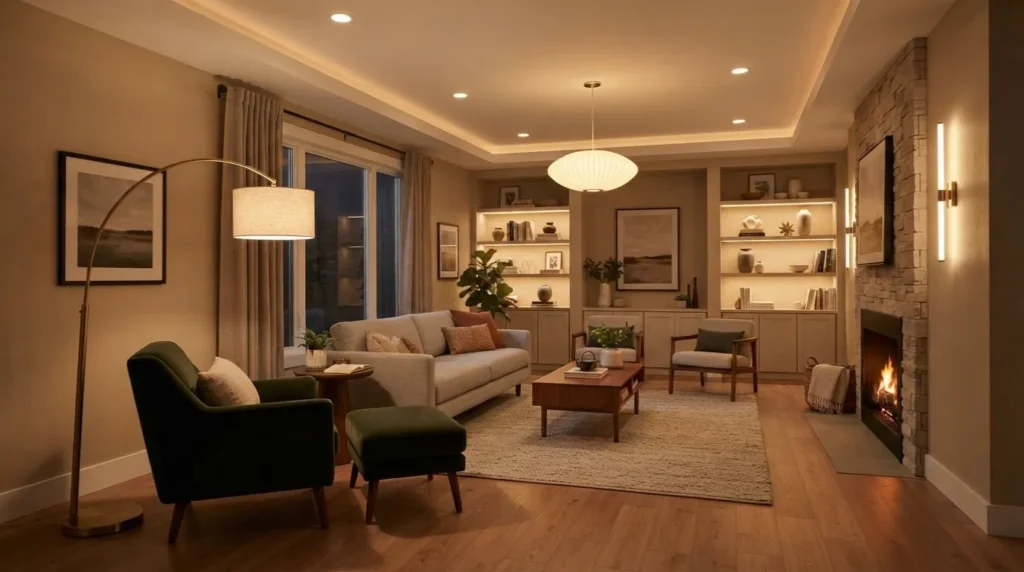 living room with ambient task and accent lighting