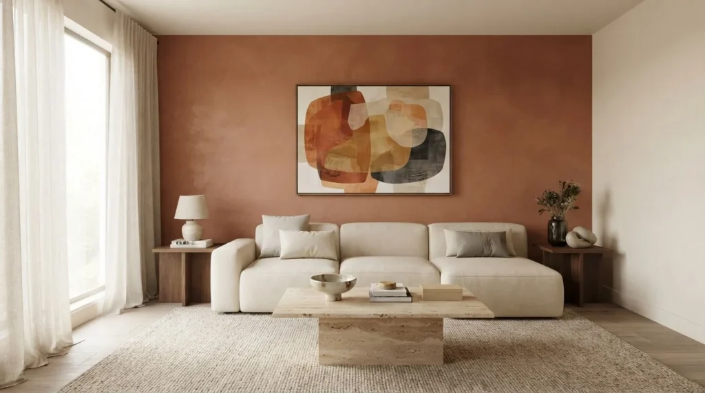 Modern living room with a warm terracotta textured accent wall behind a cream sofa