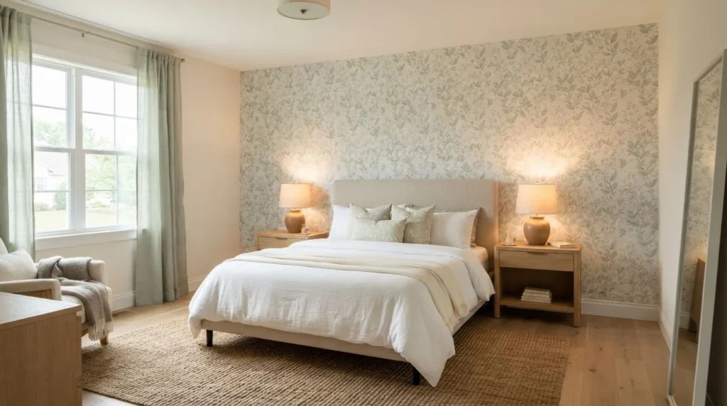 Bedroom accent wall featuring botanical peel-and-stick wallpaper behind a queen bed