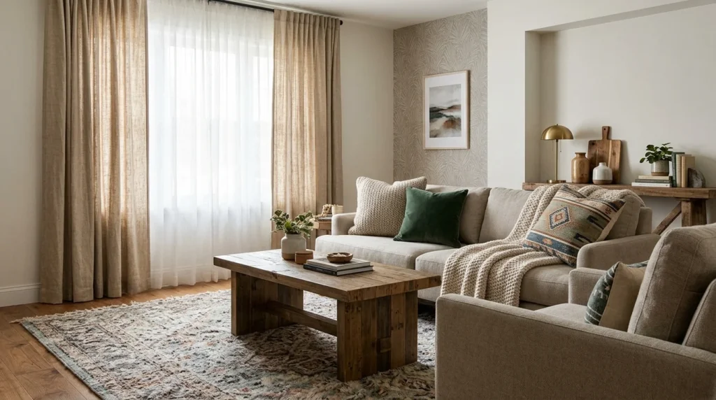 A modern living room featuring layered interior textures, including layered beige curtains, a patterned area rug, a rustic wooden coffee table, throw pillows, a knit blanket, and textured wallpaper