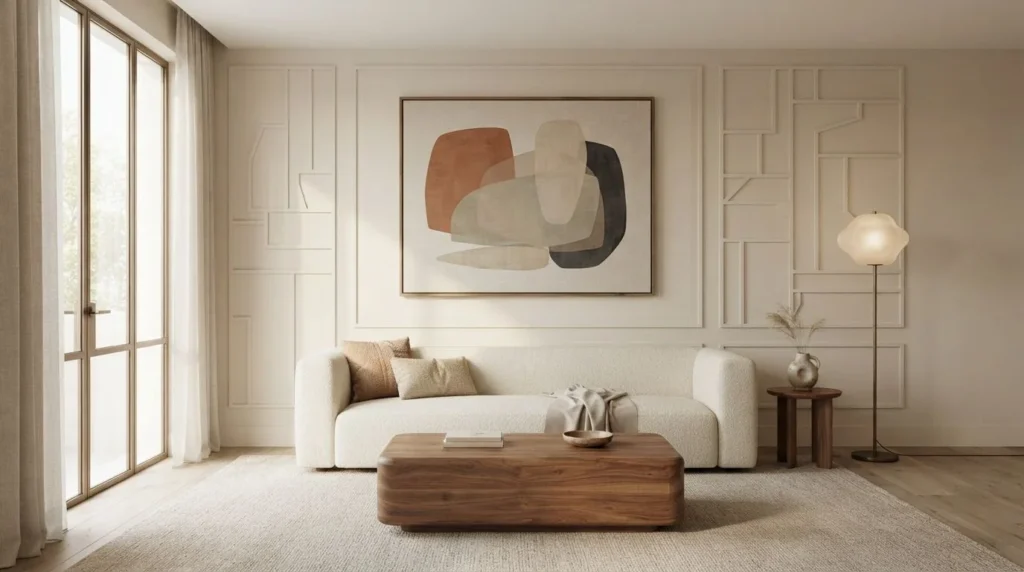 Elegant living room with geometric wall molding and oversized abstract artwork