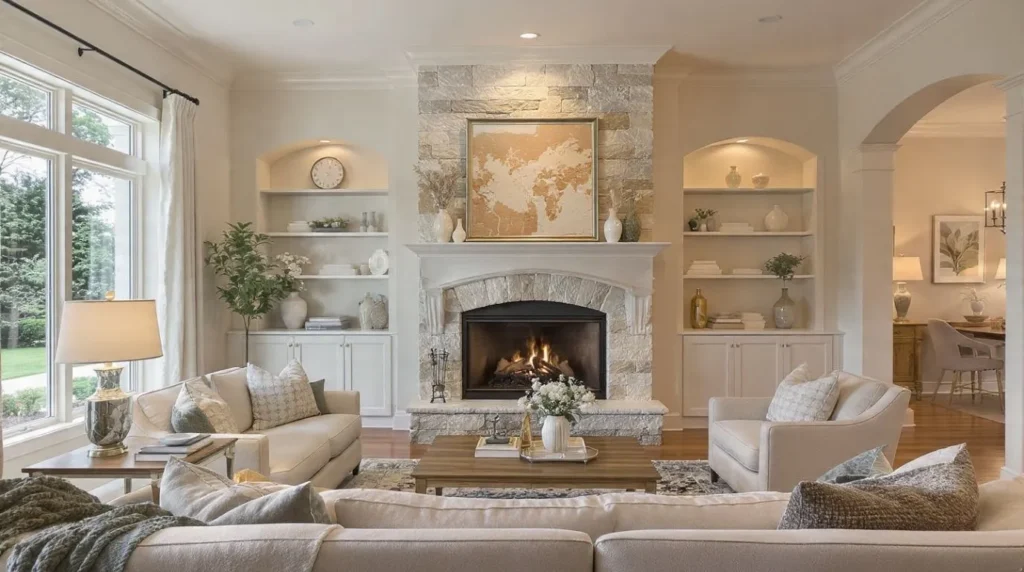 Comfortable furniture arrangement around a living room fireplace.
