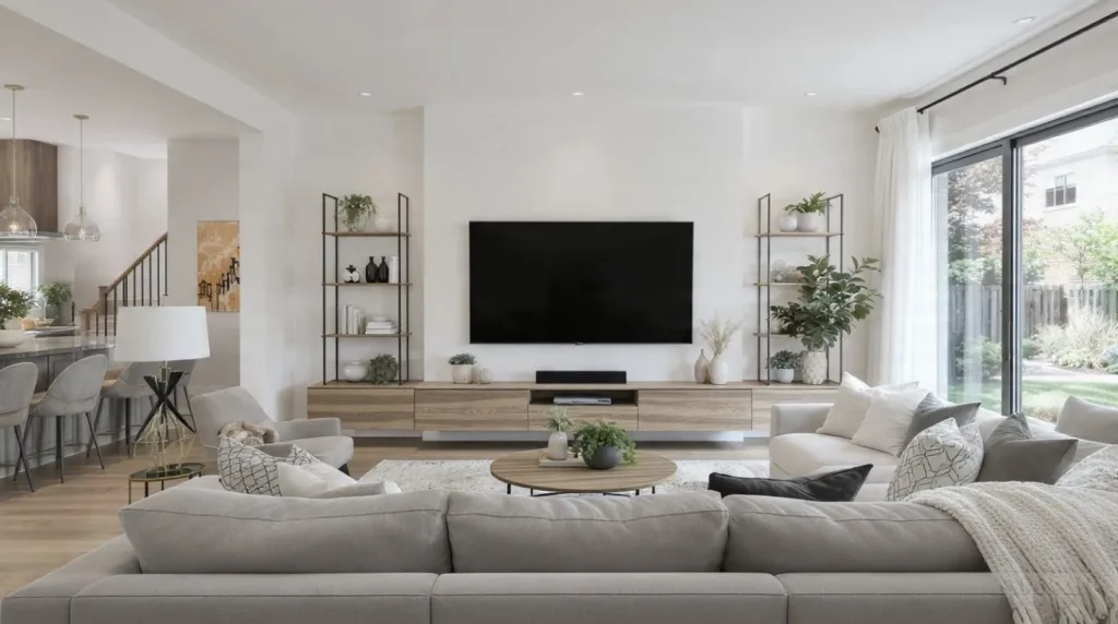 Modern living room furniture arranged around a television.