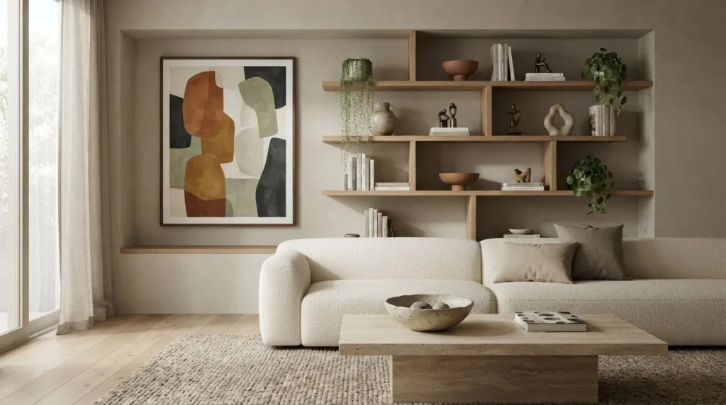 Contemporary living room combining framed artwork with open oak shelving and decor