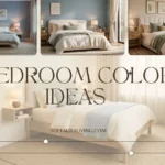 Bedroom color ideas featuring soft neutral tones, blue accent walls, cozy bedding, and natural light.