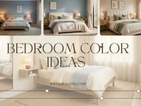 Bedroom color ideas featuring soft neutral tones, blue accent walls, cozy bedding, and natural light.