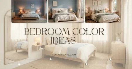 Bedroom color ideas featuring soft neutral tones, blue accent walls, cozy bedding, and natural light.