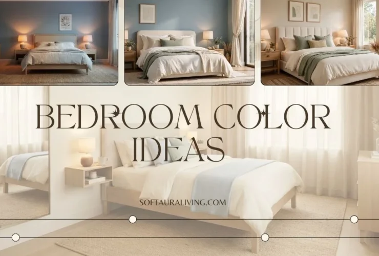 Bedroom color ideas featuring soft neutral tones, blue accent walls, cozy bedding, and natural light.