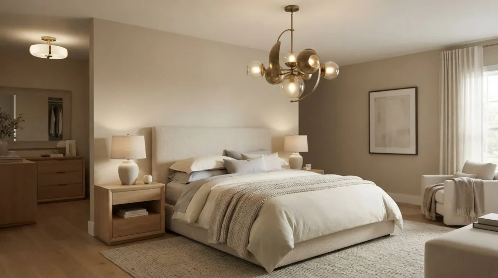Statement pendant light as a bedroom lighting focal point