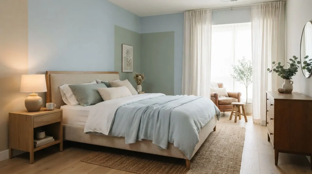 Soft muted bedroom colors creating a peaceful and relaxing atmosphere