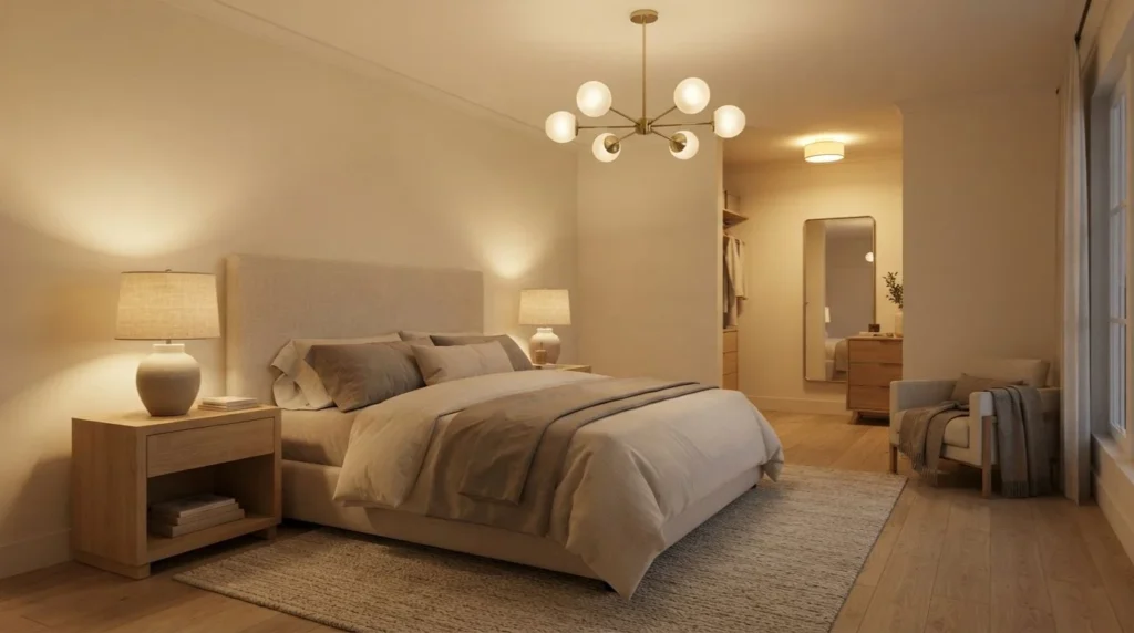 Warm LED bedroom lighting with comfortable brightness and layered illumination