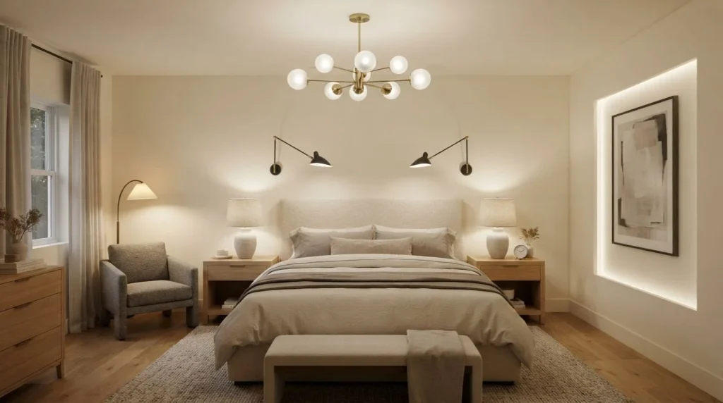 Bedroom lighting placement with ceiling light, bedside lamps, sconces, and floor lamp