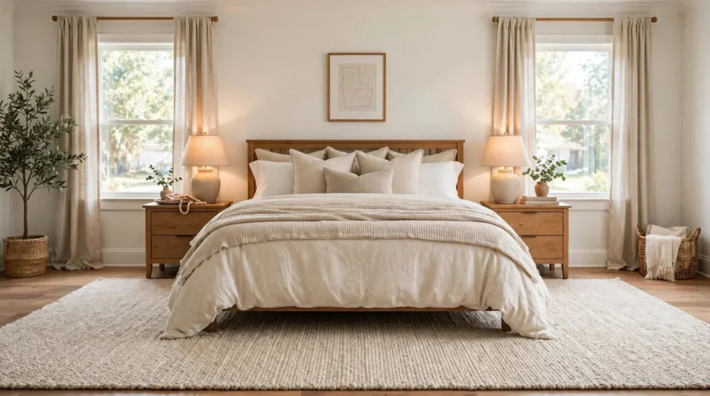 Soft area rug placed under a bed in a cozy neutral bedroom