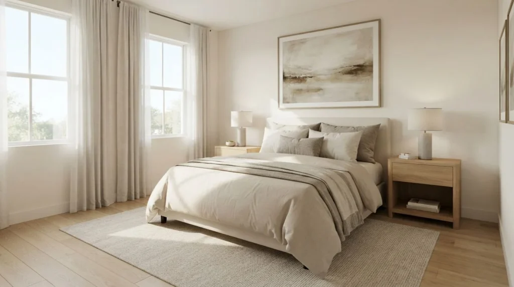 Stylish bedroom wall decor ideas with oversized artwork and neutral furniture