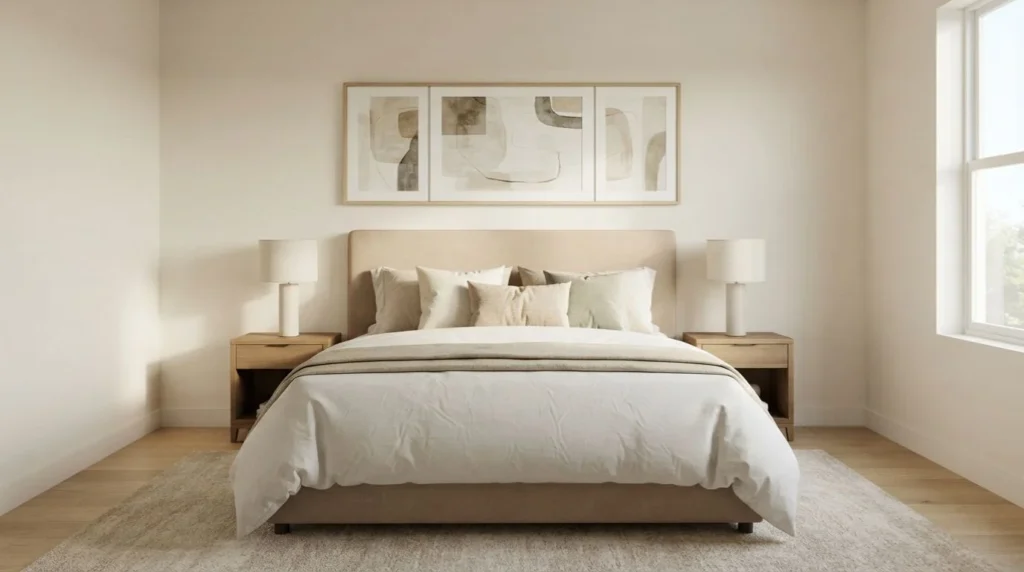 Bedroom wall decor ideas above the bed with large framed artwork and neutral furnishings