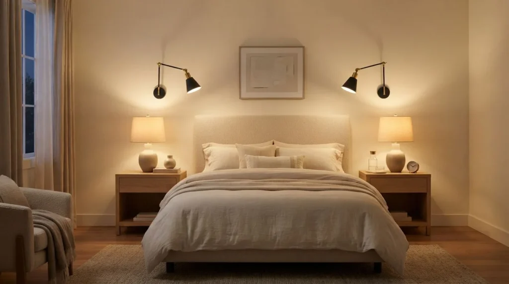 Bedside lamps and wall sconces providing cozy bedroom lighting