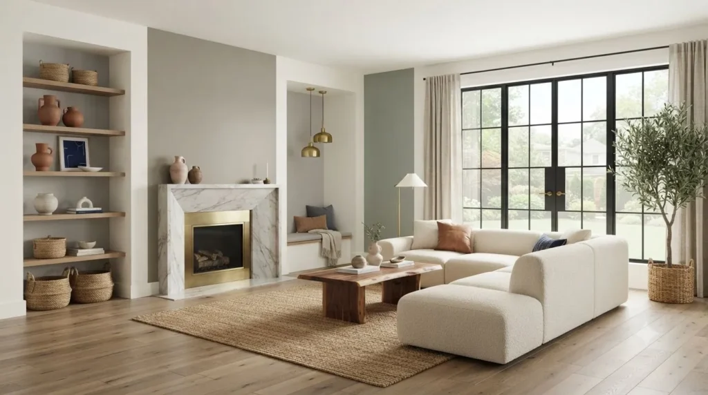 Modern living room featuring the best 2026 wall color ideas with luxury neutral furniture.