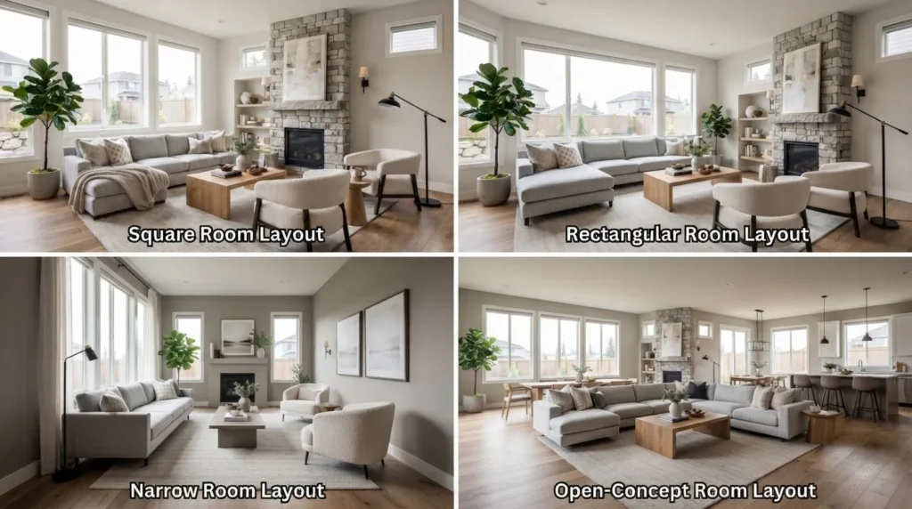 Comparison of different living room furniture layouts for various room shapes.