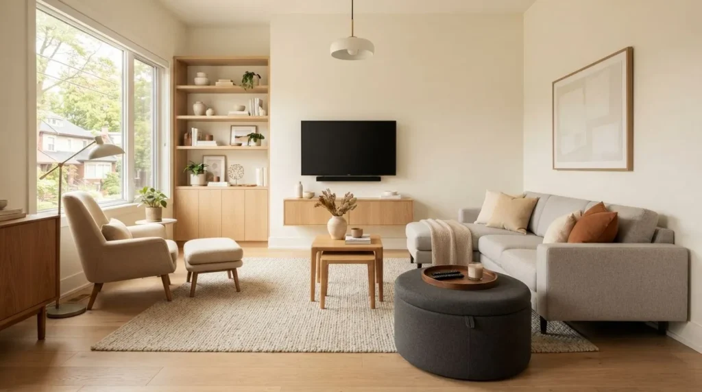 Space-saving multifunctional furniture for a modern small living room.