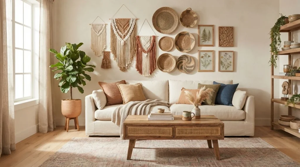 Contemporary boho living room with macrame, woven baskets, plants, and earthy artwork