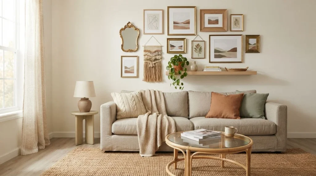 Budget-friendly living room with DIY gallery wall, thrifted frames, and repurposed decor