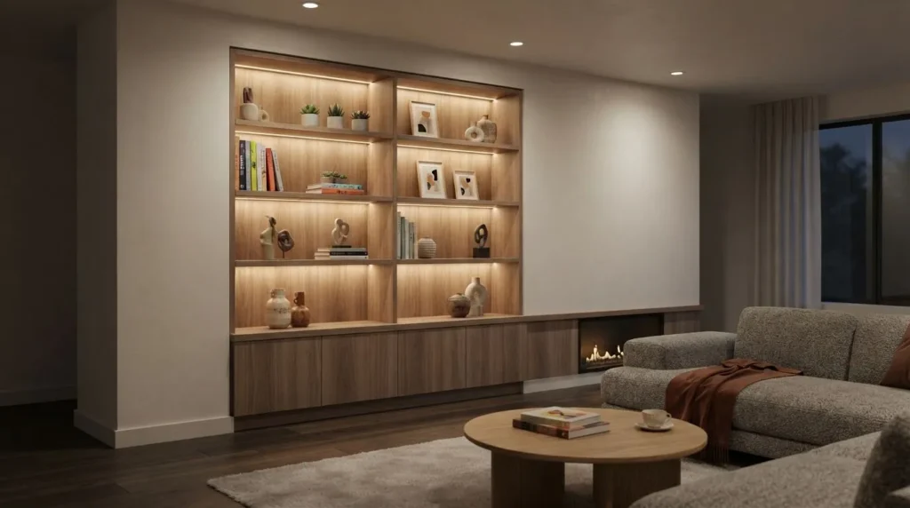 built-in living room shelves with warm LED accent lighting