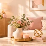 Aesthetic living room decor featuring a coffee table display with pink flowers in a ceramic vase, a lit candle, gold accent pieces, and a cozy couch in warm sunlight.
