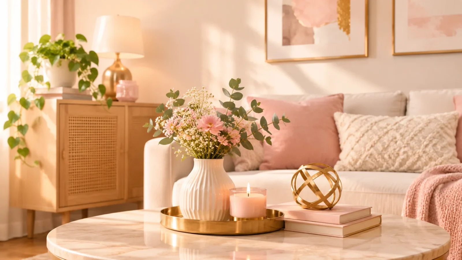 Aesthetic living room decor featuring a coffee table display with pink flowers in a ceramic vase, a lit candle, gold accent pieces, and a cozy couch in warm sunlight.
