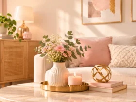 Aesthetic living room decor featuring a coffee table display with pink flowers in a ceramic vase, a lit candle, gold accent pieces, and a cozy couch in warm sunlight.