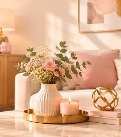 Aesthetic living room decor featuring a coffee table display with pink flowers in a ceramic vase, a lit candle, gold accent pieces, and a cozy couch in warm sunlight.
