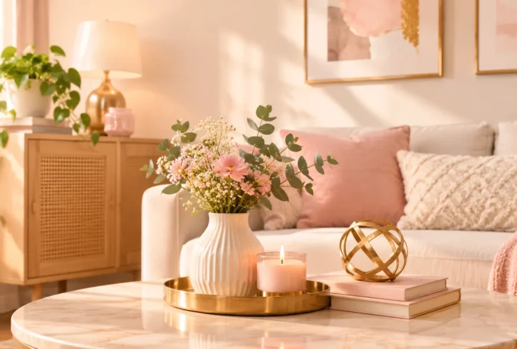 Aesthetic living room decor featuring a coffee table display with pink flowers in a ceramic vase, a lit candle, gold accent pieces, and a cozy couch in warm sunlight.