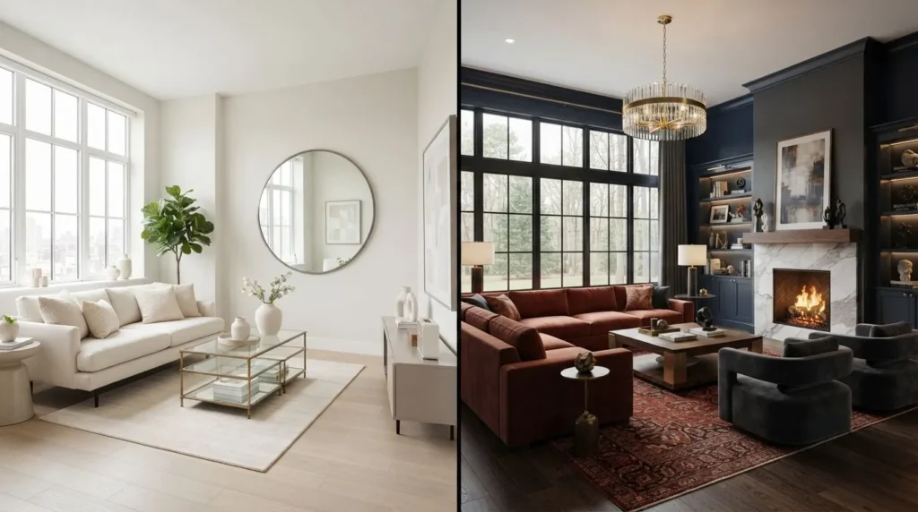 Comparison of small and large living rooms showing how wall colors affect space and lighting.