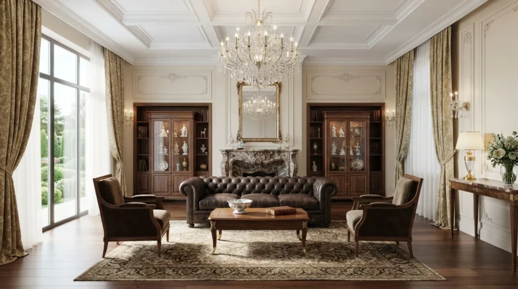 Classic luxury living room with a Chesterfield sofa, crystal chandelier, marble fireplace, and elegant decor.
