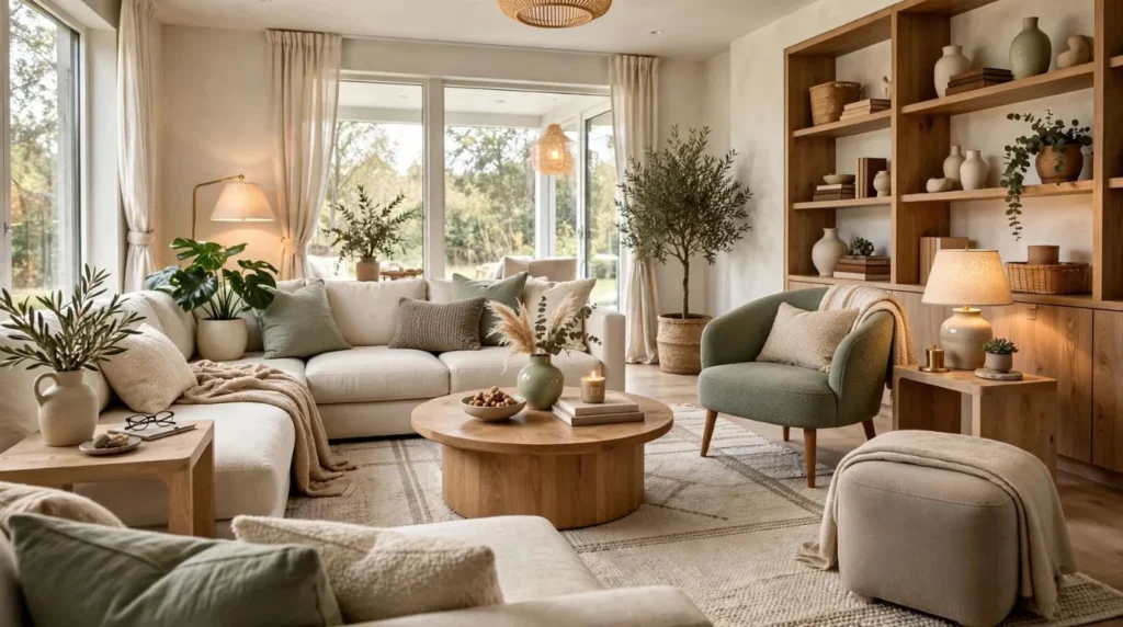 Comfortable living room furniture arrangement with sectional sofa and accent chair