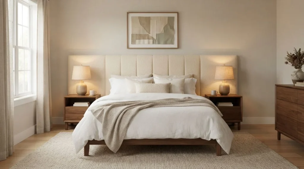 Upholstered headboard adding comfort and softness to a cozy bedroom