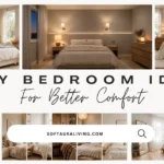 Cozy bedroom ideas featuring warm neutral bedding, soft lighting, layered textures, and comfortable bedroom decor.